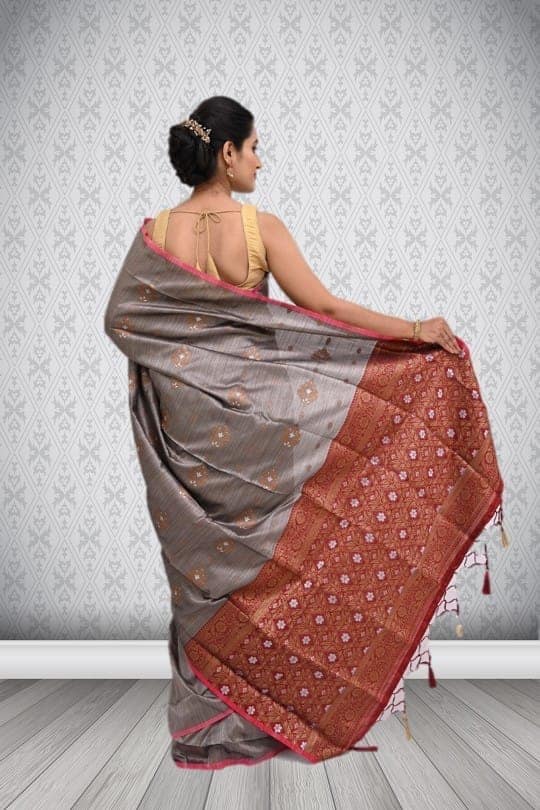 Metallic Grey Tussar Silk Saree with Contrast Border view 2