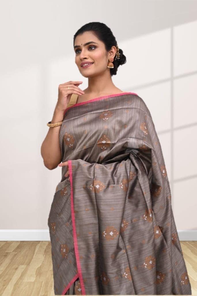 Metallic Grey Tussar Silk Saree with Contrast Border view 3