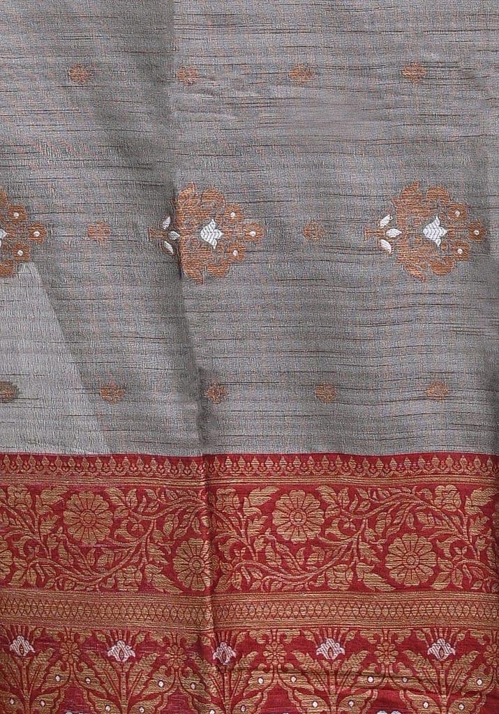 Metallic Grey Tussar Silk Saree with Contrast Border view 4