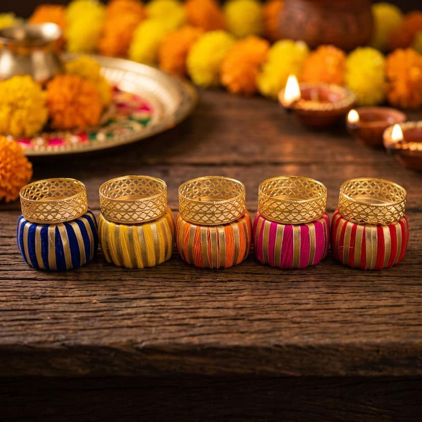 Decorative Handcrafted Silk-Wrapped Diya Holders (Set of 5) view 3