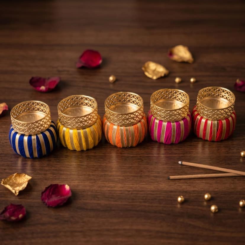 Decorative Handcrafted Silk-Wrapped Diya Holders (Set of 5) view 4