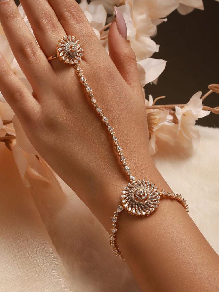 Gold Toned CZ Zircon Studded Designer Bridal Ring Bracelet Hathphool view 2