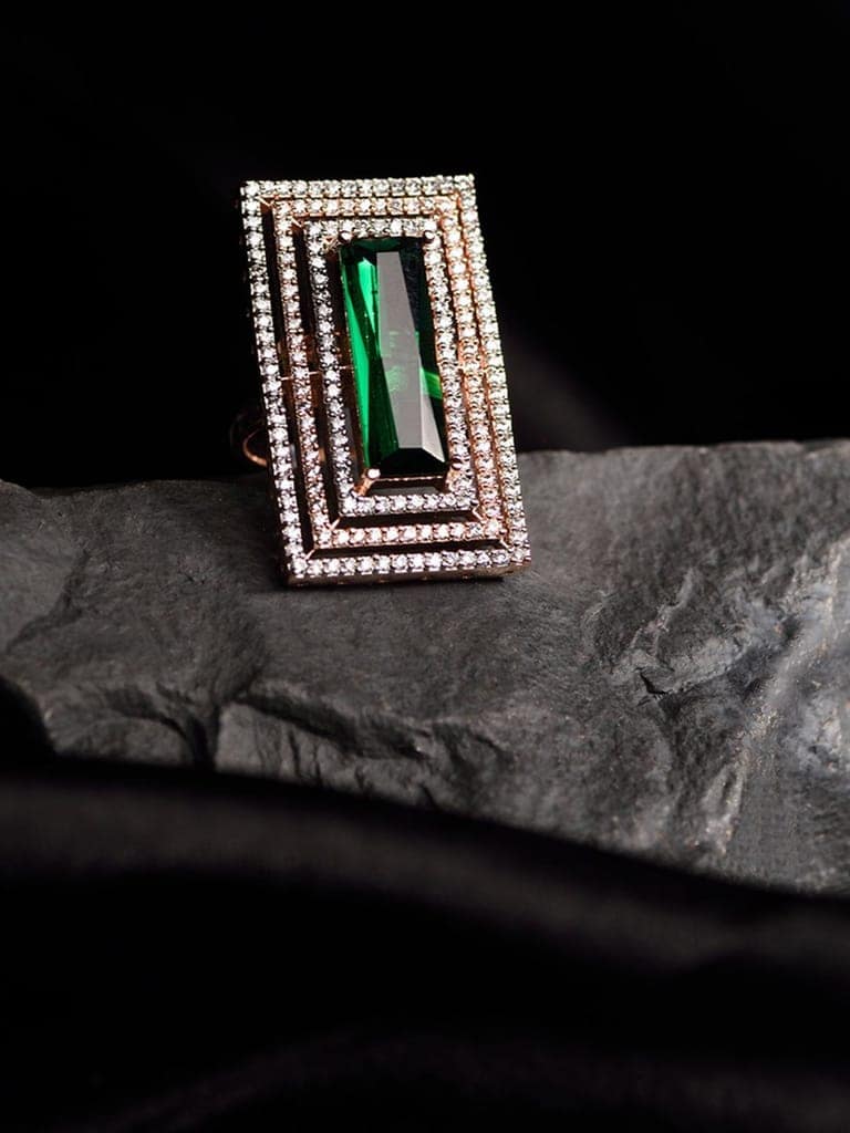 Rose Gold Plated Green Studded Solitaire Adjustable Cocktail Finger Ring view 2
