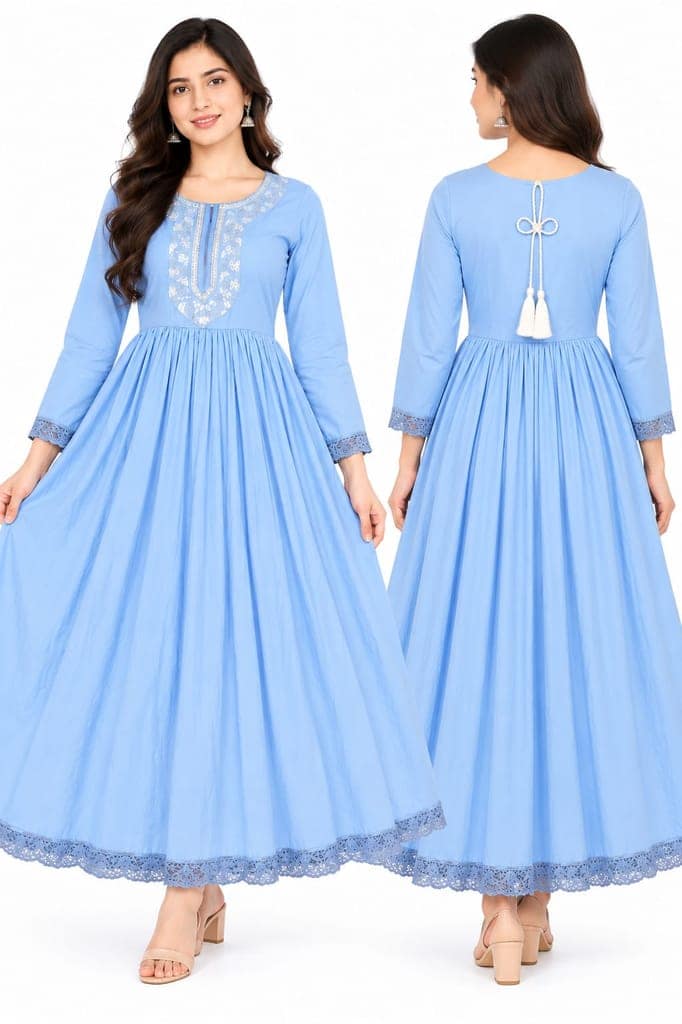 Women Solid Embroidered Anarkali Gown with 3/4 Sleeves, Lace Border and Back Tassel | Ethnic Festive Wear view 2