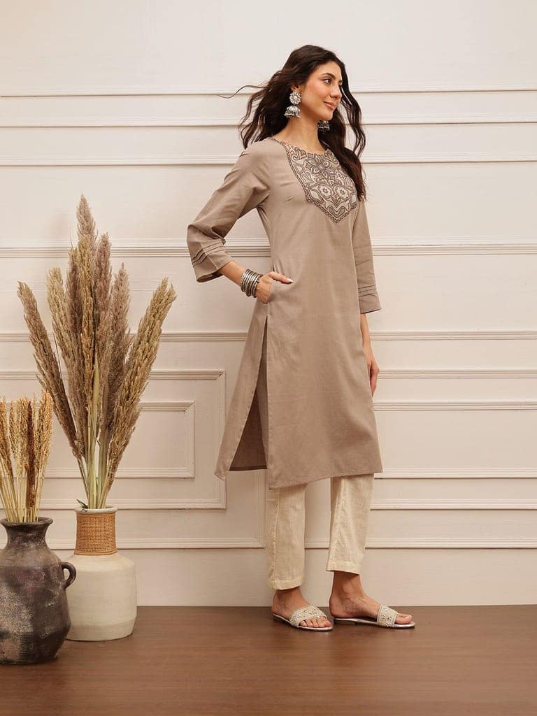 Sand Beige Embroidered Kurta view 4