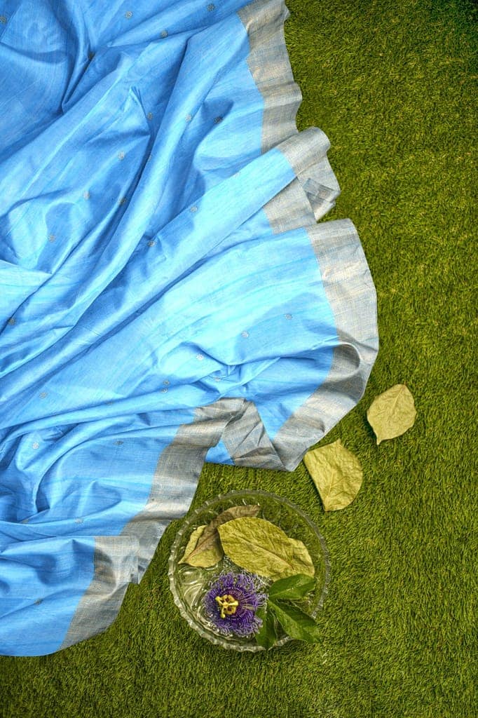 Sky Blue Handwoven Traditional Floral Golden Buta Print Chanderi With Golden Zari Border SKU - BS10084 view 2