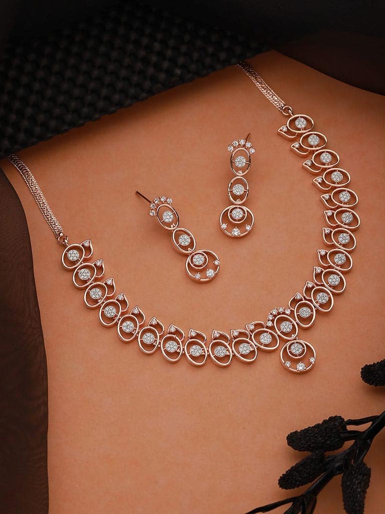 Rose Gold Toned AD Studded Minimal Geometric Jewellery Set view 2