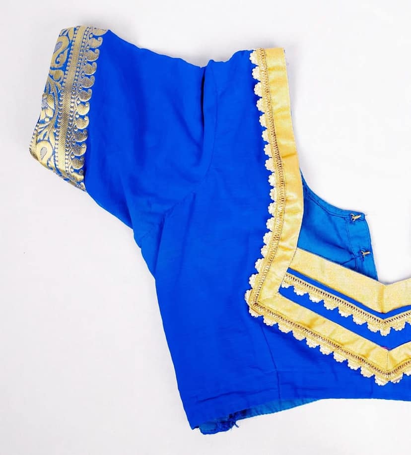 Blue Cotton Silk Saree Blouse With Golden Zari Embroidery view 3