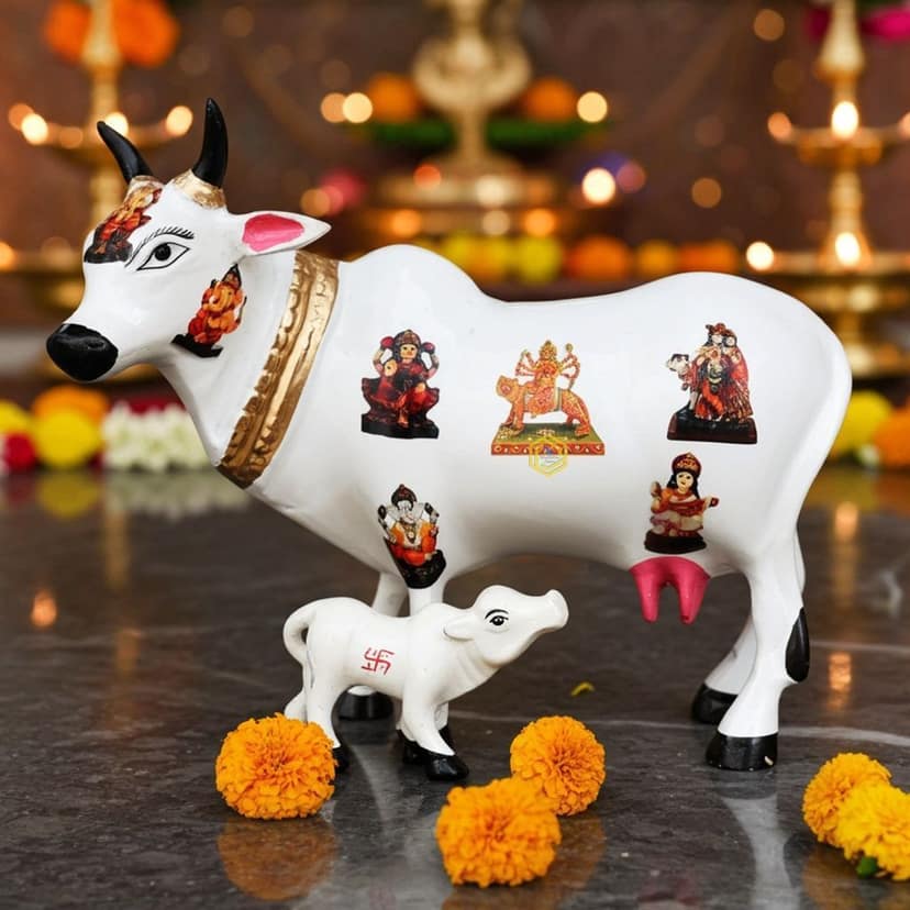 Aluminium Cow & Calf in White ? Elegant Home Statue, Height : 11 Inch (ASMAS252 D)