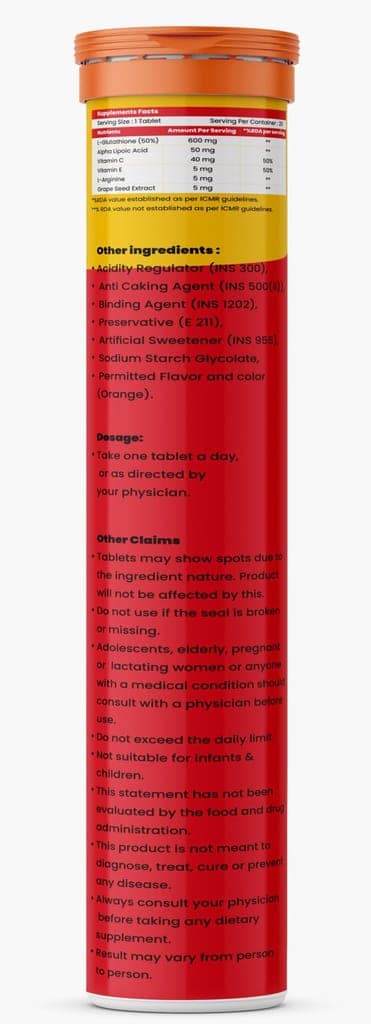 Vedakee L-Glutathione Effervescent Tablets (Orange, Tablets) | Vitamin C & E for Skin Glow, Hydration, Detox, and Antioxidant Support | Glutathione 600mg with Hyaluronic Acid & Biotin view 2