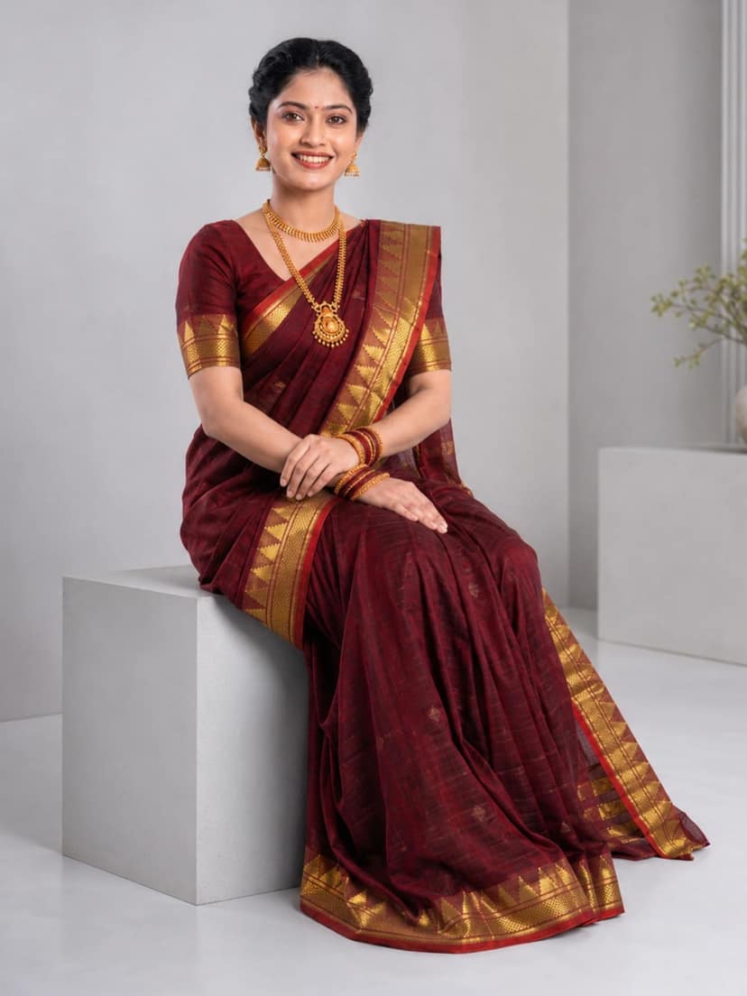 Mom and Me Women Ready to Wear Nauvari Saree, Maharashtrian Peshwai Paithani, 9 Yard Readymade, Acrylic Cotton, Free Size, Traditional Ethnic Saree, with Blouse Piece (Maroon) view 2