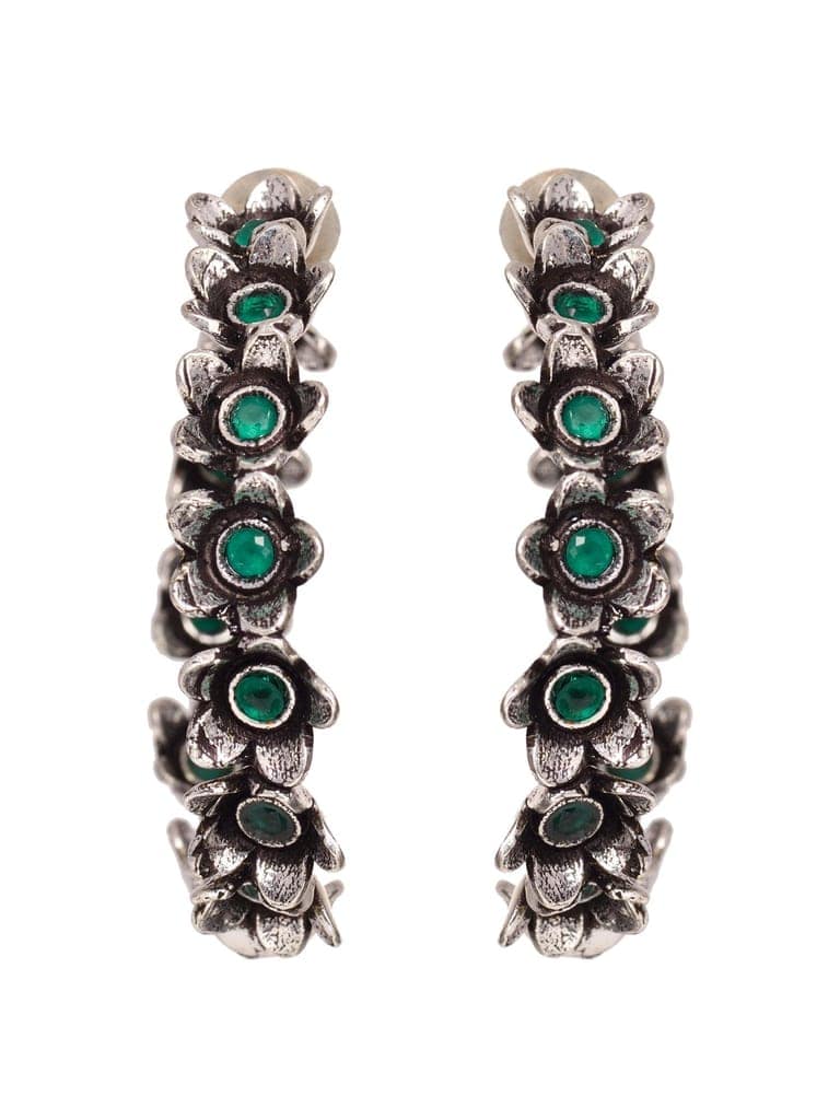 Silver Oxidised Green stone Studded Hoop Earrings view 2