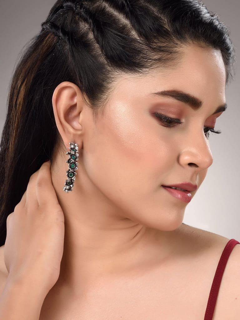 Silver Oxidised Green stone Studded Hoop Earrings view 5