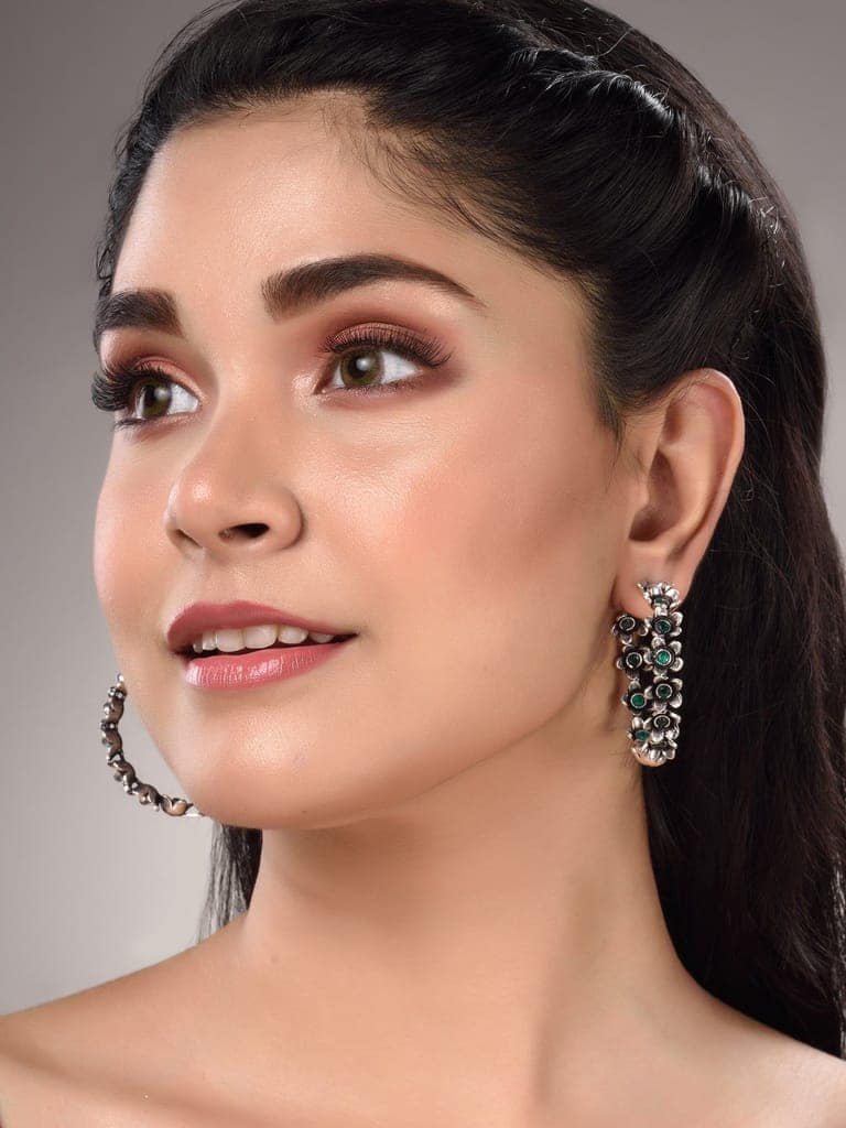 Silver Oxidised Green stone Studded Hoop Earrings view 6