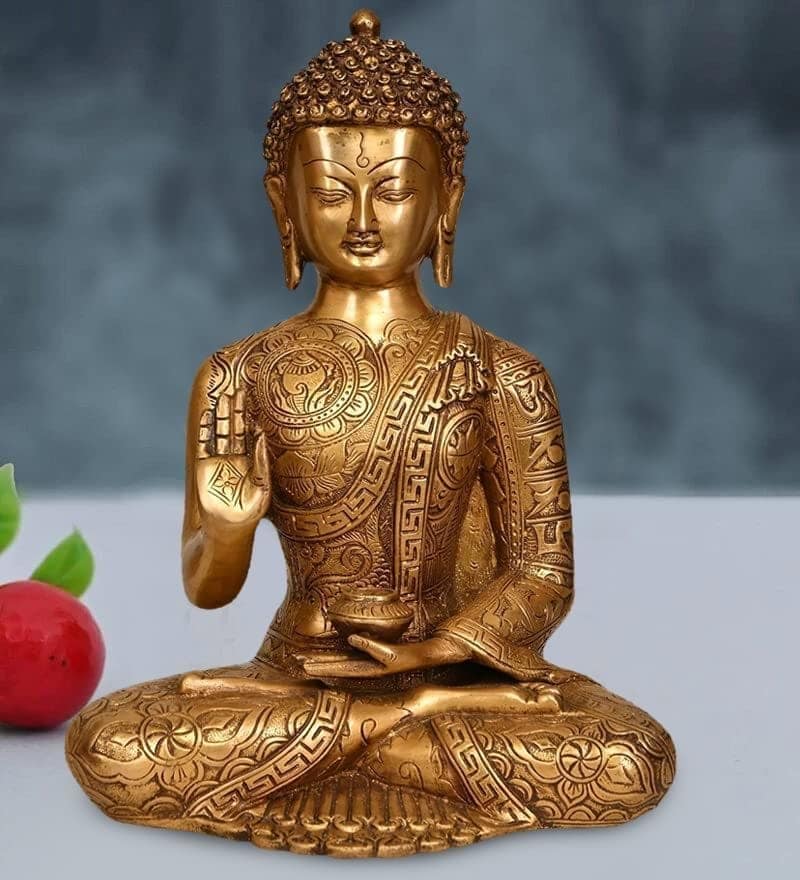 ARTVARKO Brass Blessing Buddha Life Sign Shakyamuni Statue Height 12 Inches Copper Bronze Color