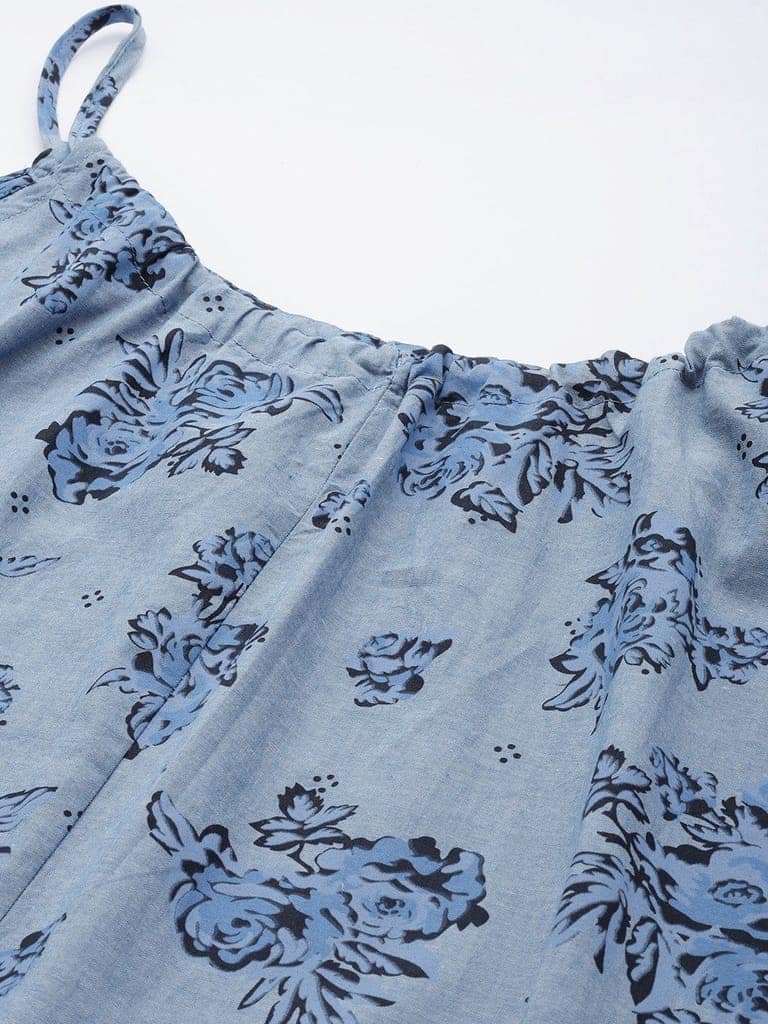 Blue Floral A-Line Pure Cotton Dress view 2