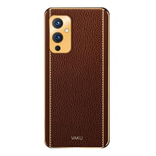 Vaku Luxos Luxemberg Back Cover Case for OnePlus 9 with Leather Pattern Design Gold Electroplated Soft TPU Cover Shockproof Protective Case - Brown