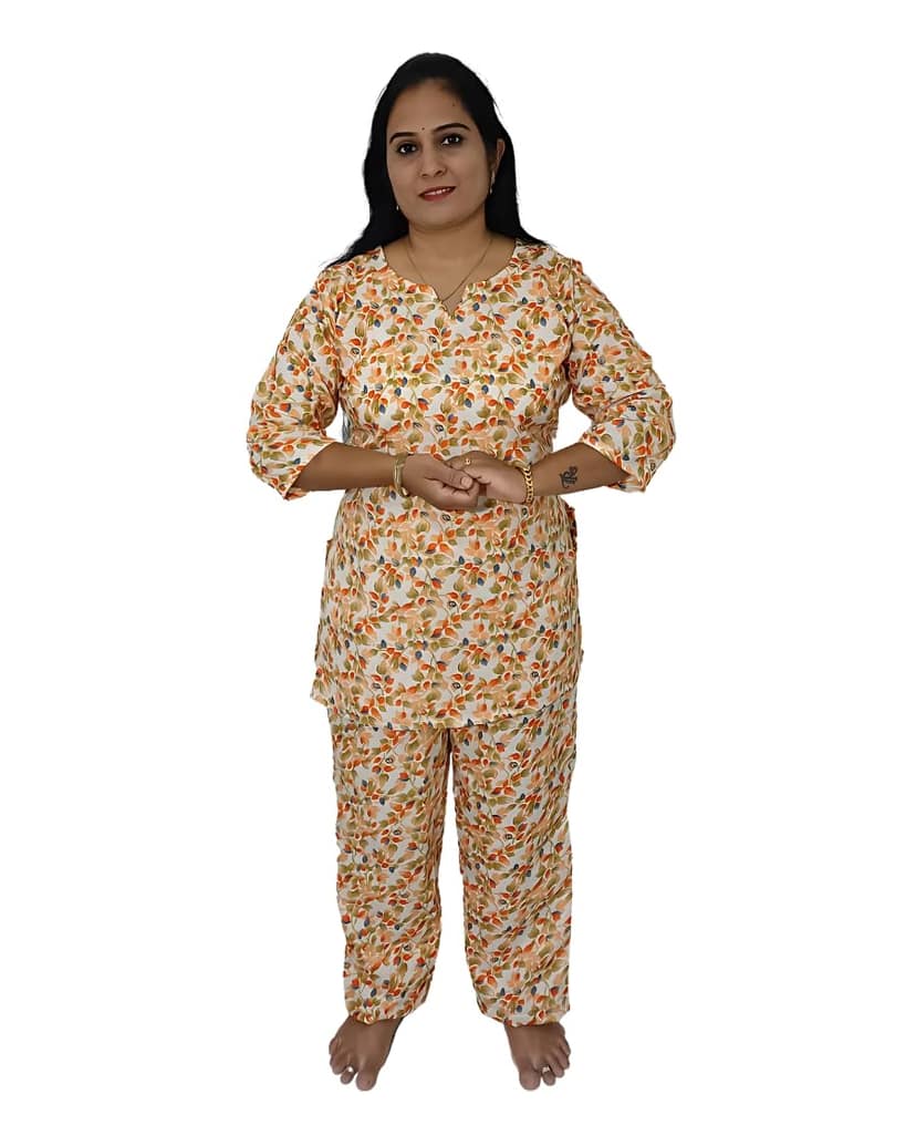 Mom and Me Women's Cotton Floral Print Co-Ord Set, 3/4 Sleeve Kurta with Pyjama, Ethnic Nightwear, Multicolour (Light Orange, L)