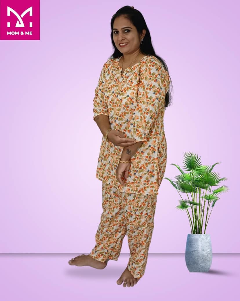 Mom and Me Women's Cotton Floral Print Co-Ord Set, 3/4 Sleeve Kurta with Pyjama, Ethnic Nightwear, Multicolour (Light Orange, L) view 2