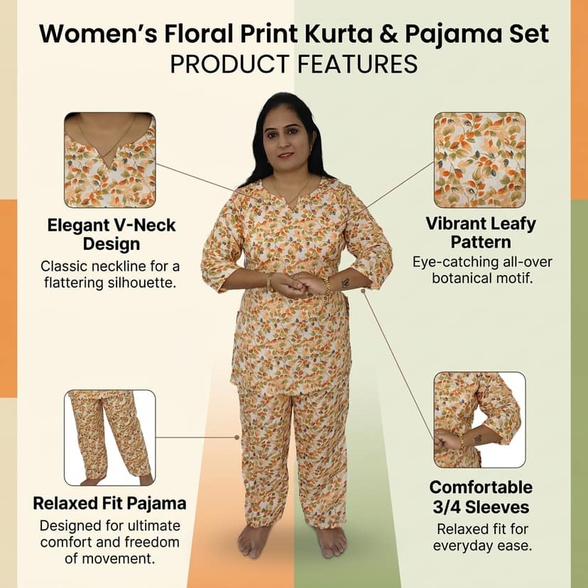 Mom and Me Women's Cotton Floral Print Co-Ord Set, 3/4 Sleeve Kurta with Pyjama, Ethnic Nightwear, Multicolour (Light Orange, L) view 4