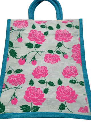 Floral printed jute tote bag with blue handles