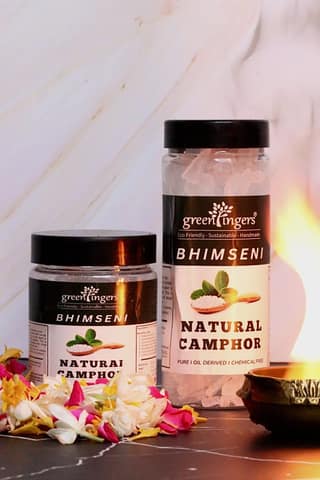 Green Fingers ; Bhimseni Camphor Jar (Bhimseni Camphor Block Herbal Incense. Natural Aroma. Cow Dung, Kapur, & Other Natural Ingredients.