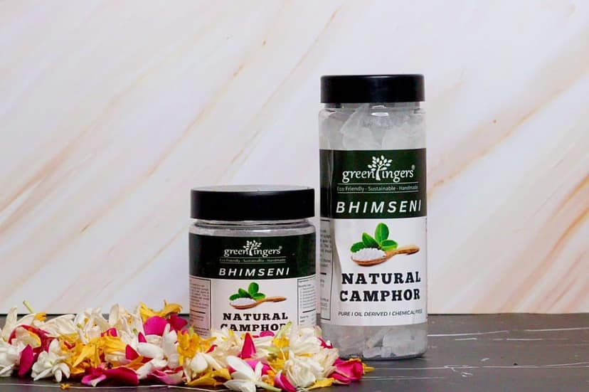 Green Fingers ; Bhimseni Camphor Jar (Bhimseni Camphor Block Herbal Incense. Natural Aroma. Cow Dung, Kapur, & Other Natural Ingredients. view 2