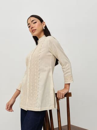 Beige Lace-Trim Tunic
