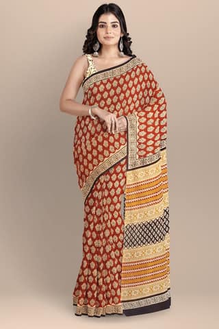 Maroon Buti Motif Chippa Hand Block Print Malmal Cotton Saree SKU-AS10076