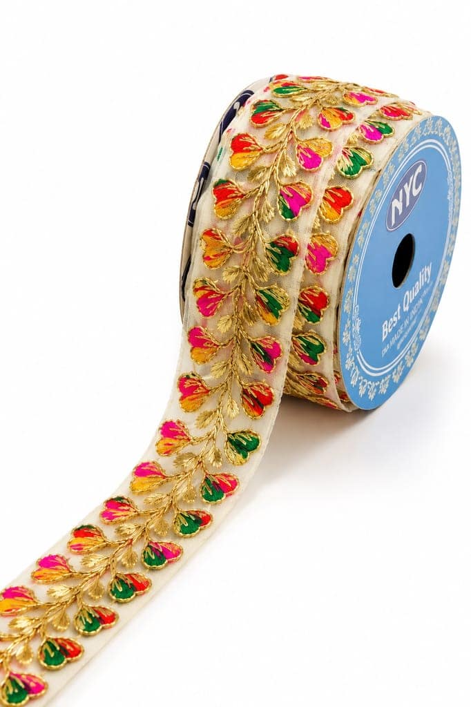 Multicolor Gota Patti Flower Lace Border Sewing Embroidery Ribbon Trim Golden Zari Cutwork Fabric Decoration Craft Clothes 3 Inch Width 9 Meter Roll For Saree Suit Bridal Dupatta Blouse Dress Choli Lehenga Anarkali Hijab Gown Kurti view 2