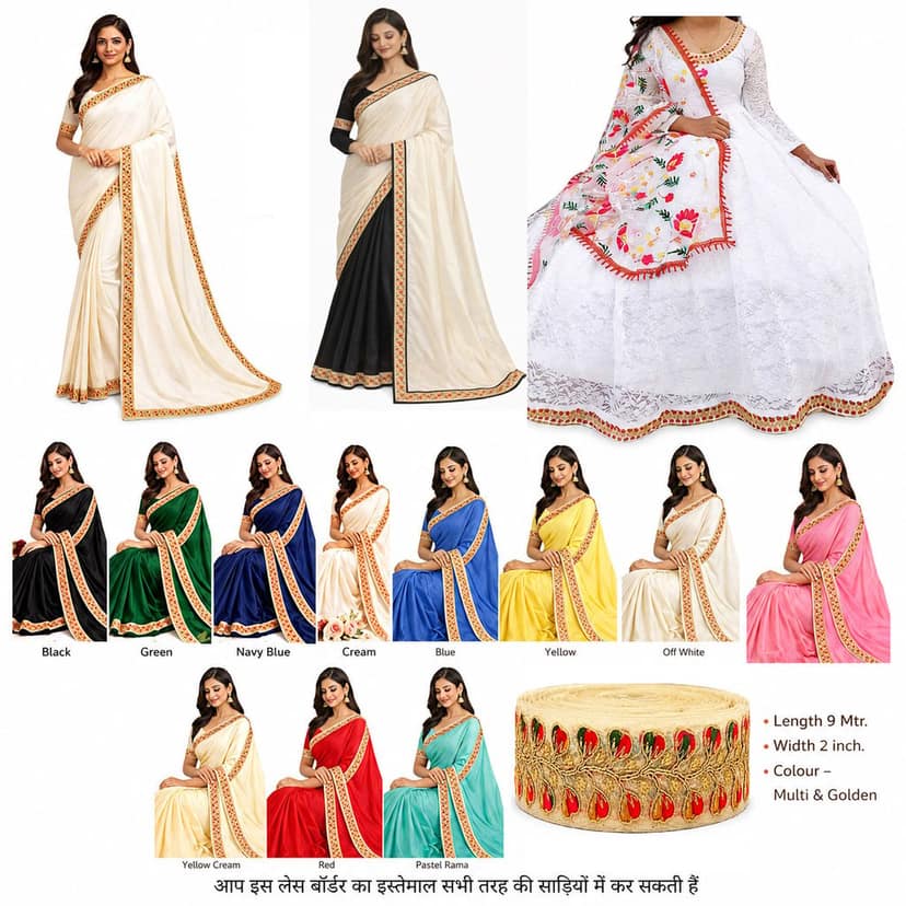Multicolor Gota Patti Flower Lace Border Sewing Embroidery Ribbon Trim Golden Zari Cutwork Fabric Decoration Craft Clothes 3 Inch Width 9 Meter Roll For Saree Suit Bridal Dupatta Blouse Dress Choli Lehenga Anarkali Hijab Gown Kurti view 3