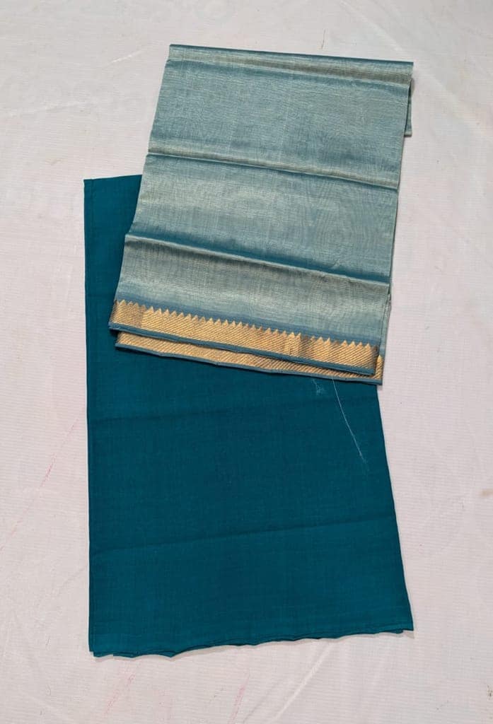 Green and Silver Cotton Silk Blend Saree With Blouse Piece and Silver Tissue Silk Dupatta