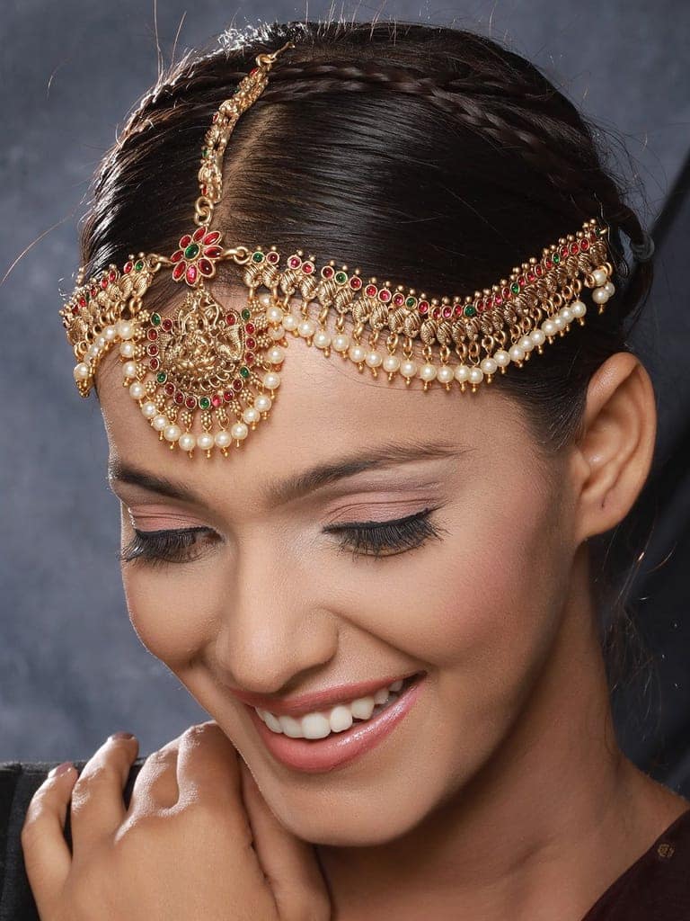 Gold Plated Kempo Studded & Pearl Beaded Bridal Antique Temple Damini Matha Patti view 2