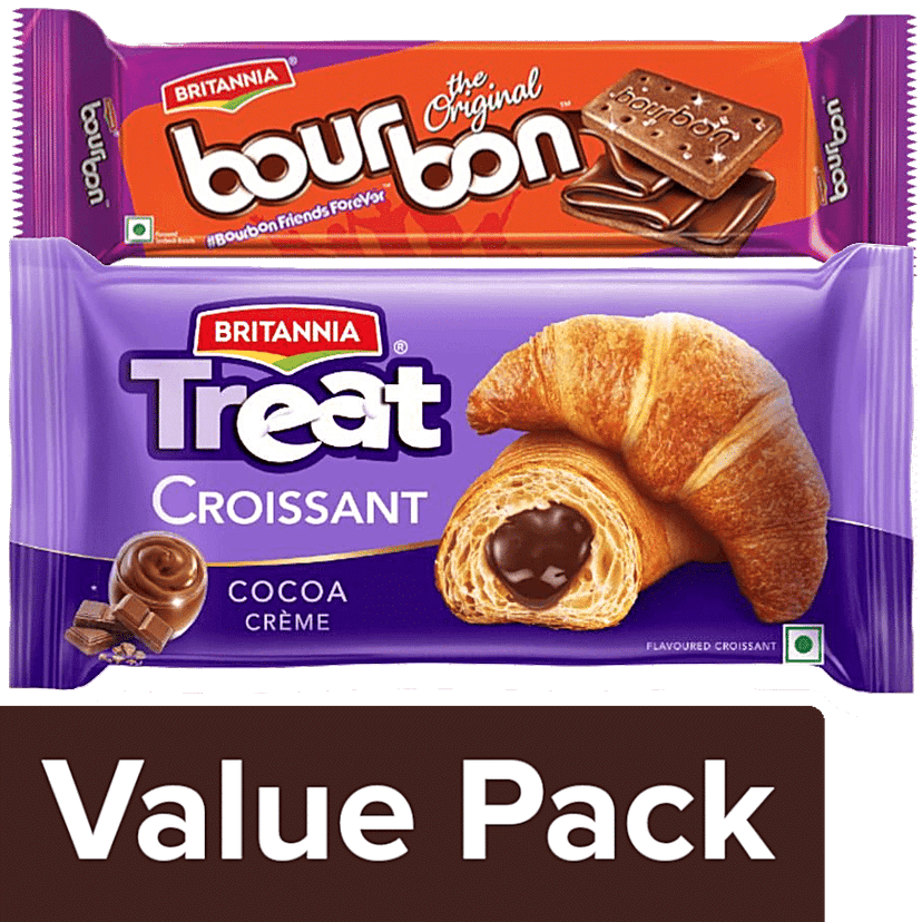 Britannia Bourbon Chocolate Cream Biscuits 150 g + Treat Croissant - Cocoa Creme 45 g, Combo 2 Items