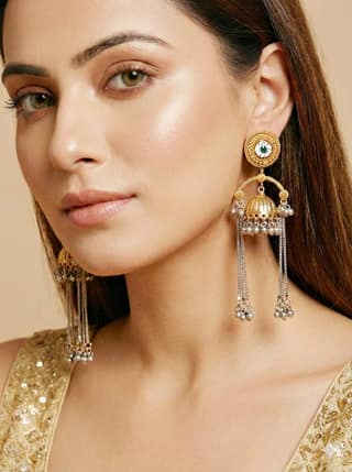 LUCKY JEWELLERY Antique Gold Finish Traditional Earrings with Chain for Women (456-KEO-15737-G-SG)