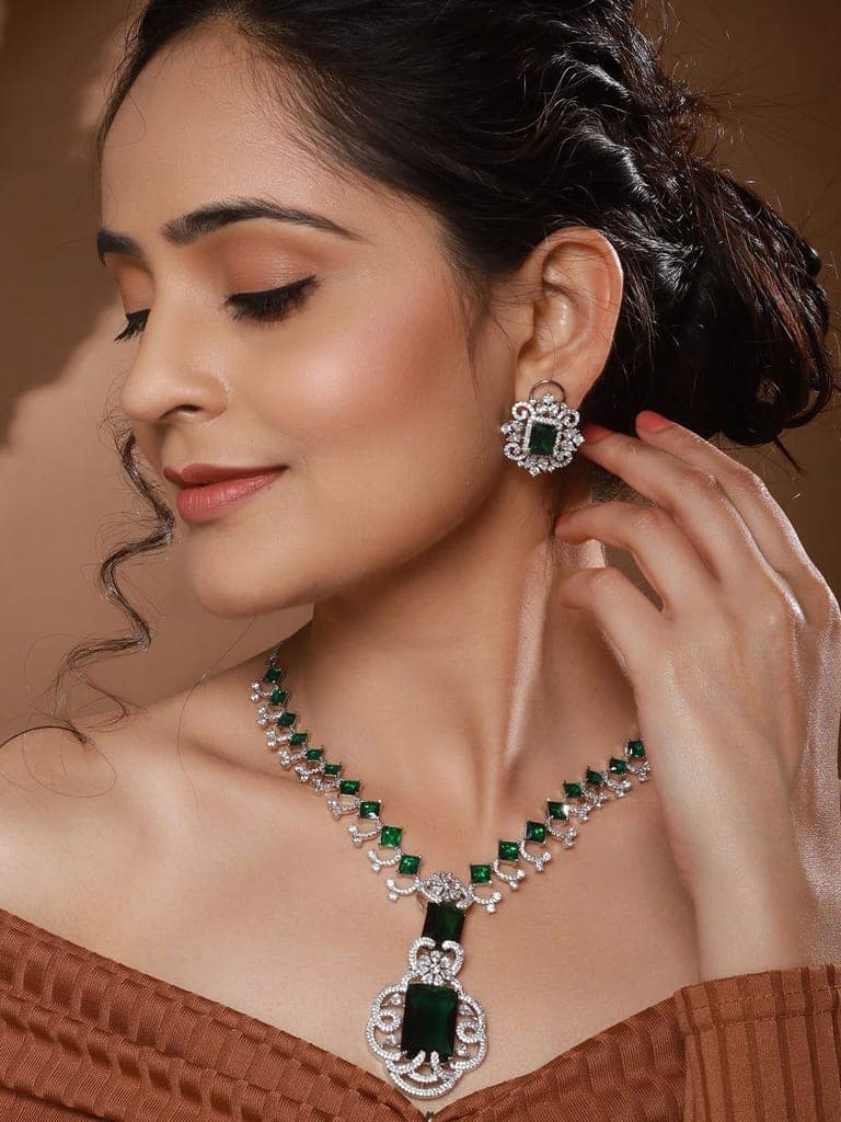 Silver Plated Emarald Green CZ Studded Designer Luxe Pendant Jewellery Set view 2