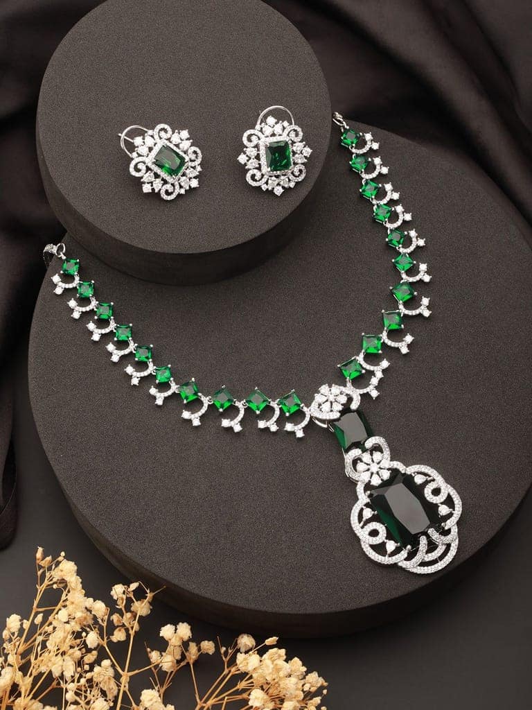 Silver Plated Emarald Green CZ Studded Designer Luxe Pendant Jewellery Set view 3