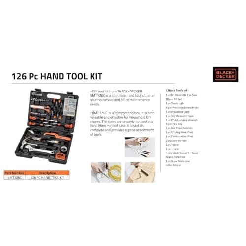 BLACK+DECKER BMT126C Hand Tool Kit for Home & DIY Use (126-Piece) - Includes Screwdriver, Wrench, Ratchet, Saw, Claw Hammer, Measuring Tape and Plier, ORANGE & BLACK view 3