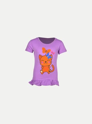 Girls Purple Printed Crew Neck T-shirt with Frill-detail