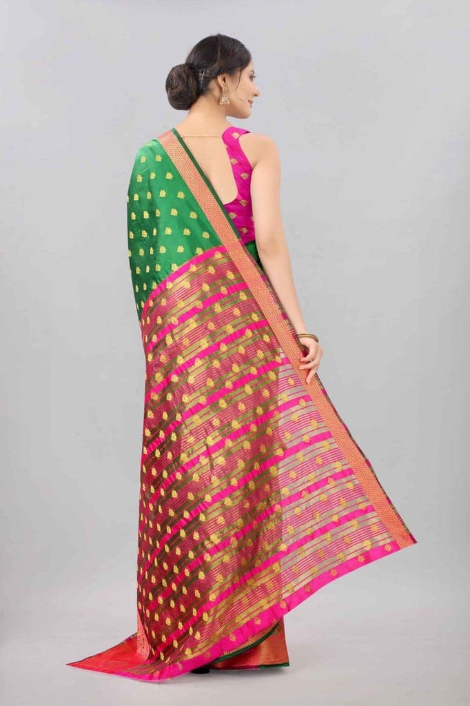 Green &amp; Gold Zari Woven Banarasi Silk Saree view 3