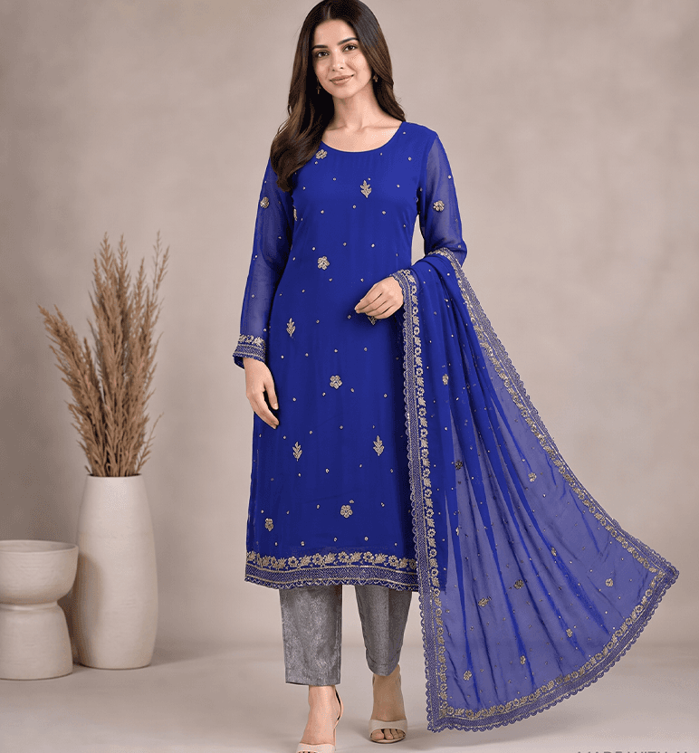 Handcrafted Zari Zardozi Georgette Kurta Dupatta Set