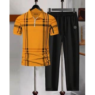 AUSK Mens Casual Printed Cotton Blend Mustard & Black Summer wear Co-ords set of T-Shirt & Trakpant