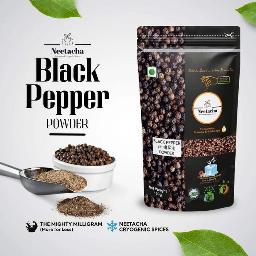 NEETACHA ENTERPRISES LLP. Premium Cryogenic Black Pepper (Kali Mirch) Powder, Kala Mari, Nall Mariyalapudi I 50g I No Preservatives I Pure & Natural I @ 35%reduced consumption I Versatile spice for soups, salad dressings, sandwiches etc