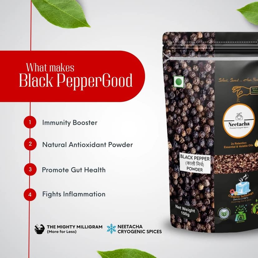 NEETACHA ENTERPRISES LLP. Premium Cryogenic Black Pepper (Kali Mirch) Powder, Kala Mari, Nall Mariyalapudi I 50g I No Preservatives I Pure & Natural I @ 35%reduced consumption I Versatile spice for soups, salad dressings, sandwiches etc view 3