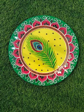 Rema Fabtex Art - Beautiful Home Decor Lippan Art Mirror Wall Decor Handmade Wall Art - Peacock feather 12 inch x 12 Inch