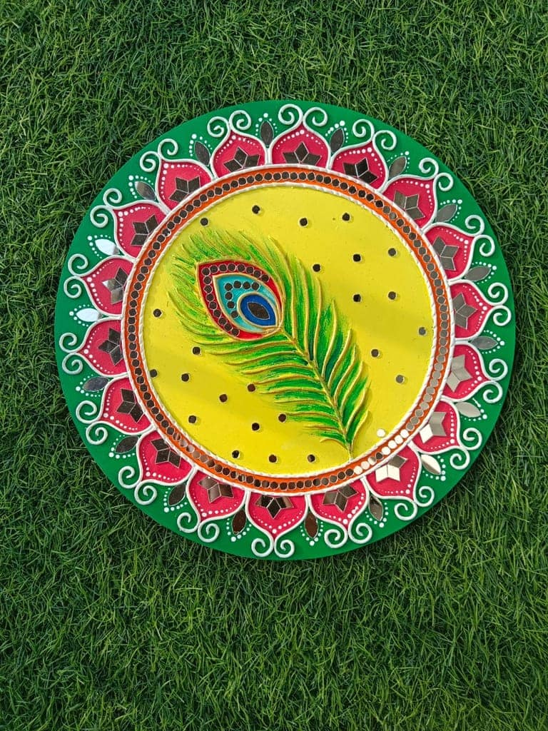 Rema Fabtex Art - Beautiful Home Decor Lippan Art Mirror Wall Decor Handmade Wall Art - Peacock feather 12 inch x 12 Inch