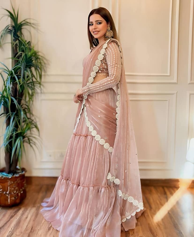 Pink Indian Wedding PartyWear Lehenga Saree Ready To Wear With Stitched Blouse Readymade view 3