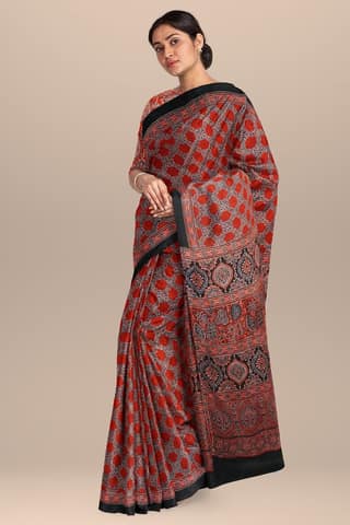 Maooon Ajrakh Hand Block Printed Modal Silk Saree with Floral and Geometrical Print SKU-BS10073