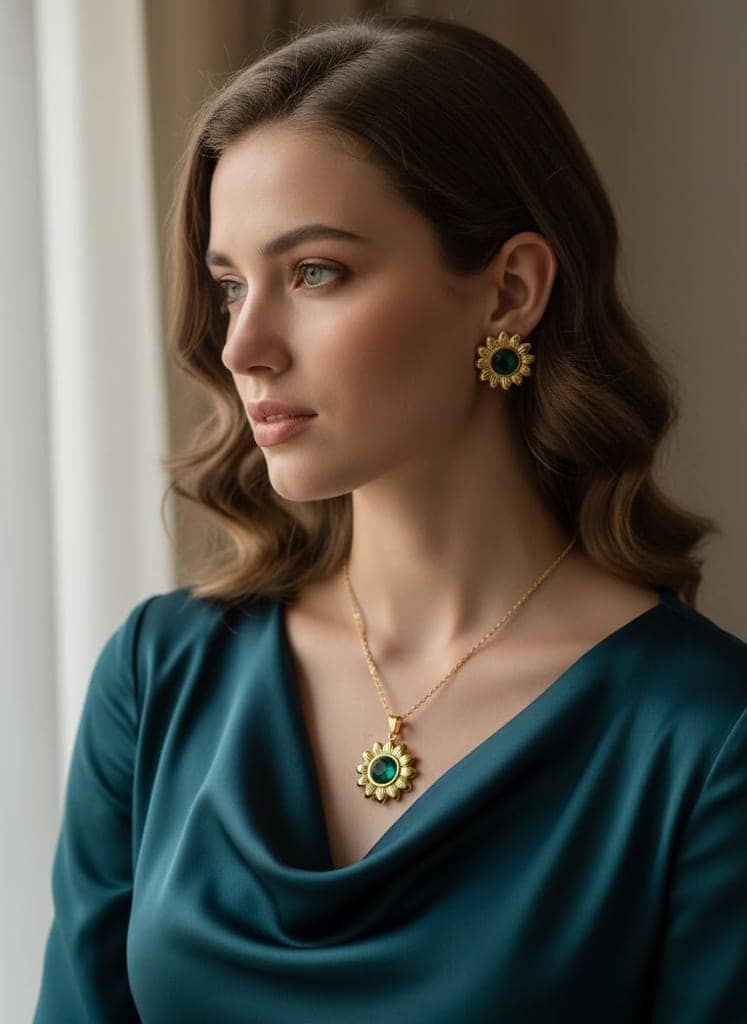GemGleam - Gold Plated Pearl Pendant Set with Earrings for Women | Elegant Designer Jewellery | Anti-Tarnish | Skin-Friendly | Stylish Lightweight Jewellery for Girls (Sun Flower) view 2