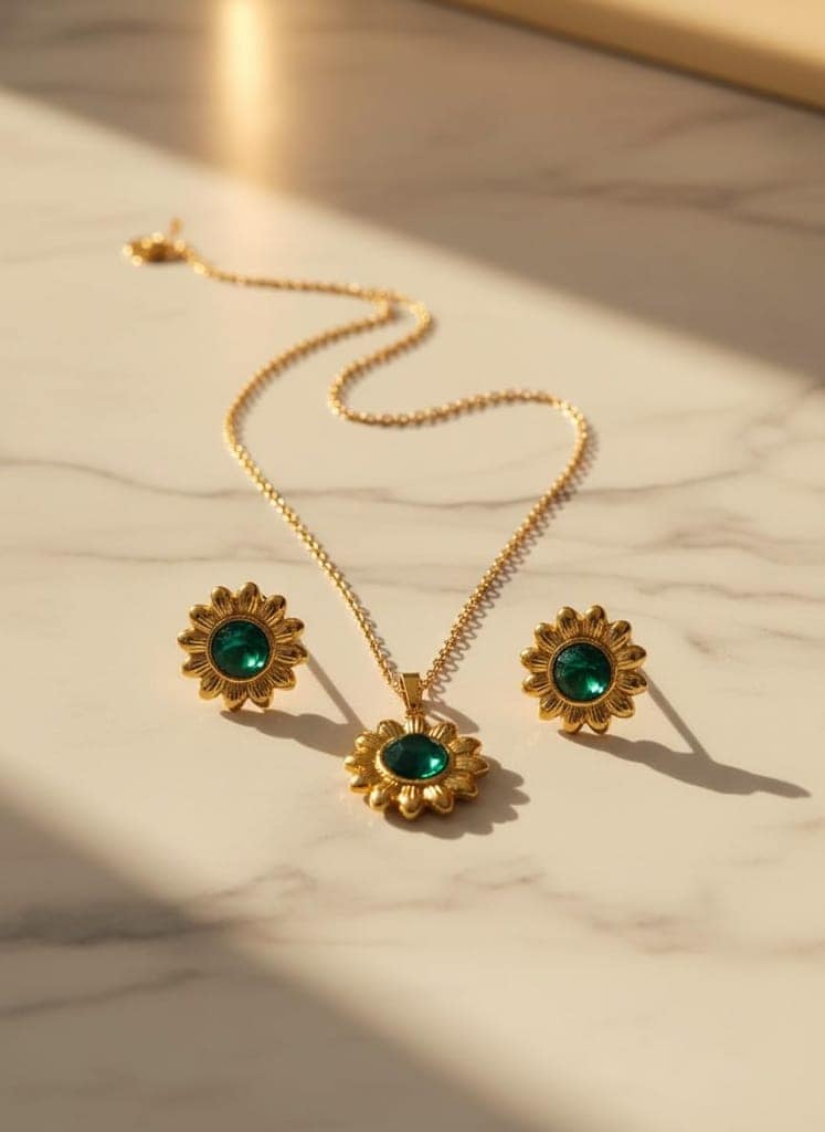 GemGleam - Gold Plated Pearl Pendant Set with Earrings for Women | Elegant Designer Jewellery | Anti-Tarnish | Skin-Friendly | Stylish Lightweight Jewellery for Girls (Sun Flower) view 3